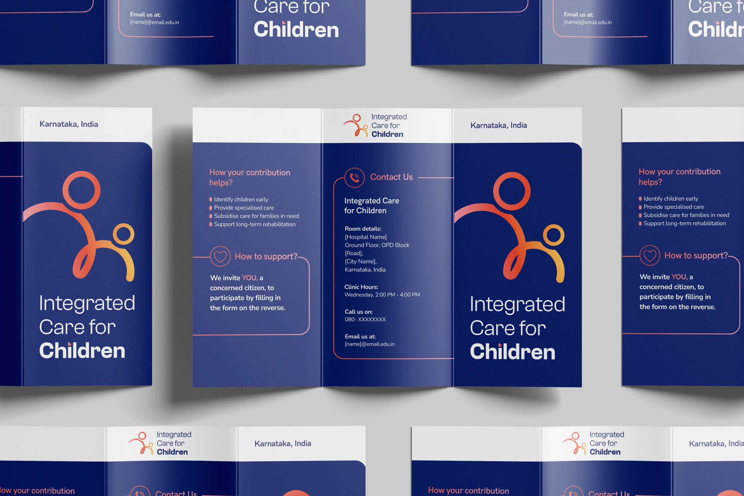 The trifold flyer, opened and closed: a navy cover carrying the mark and the name, with inside panels setting out how a contribution helps, how to support the initiative, and the room, clinic hours and contact details.