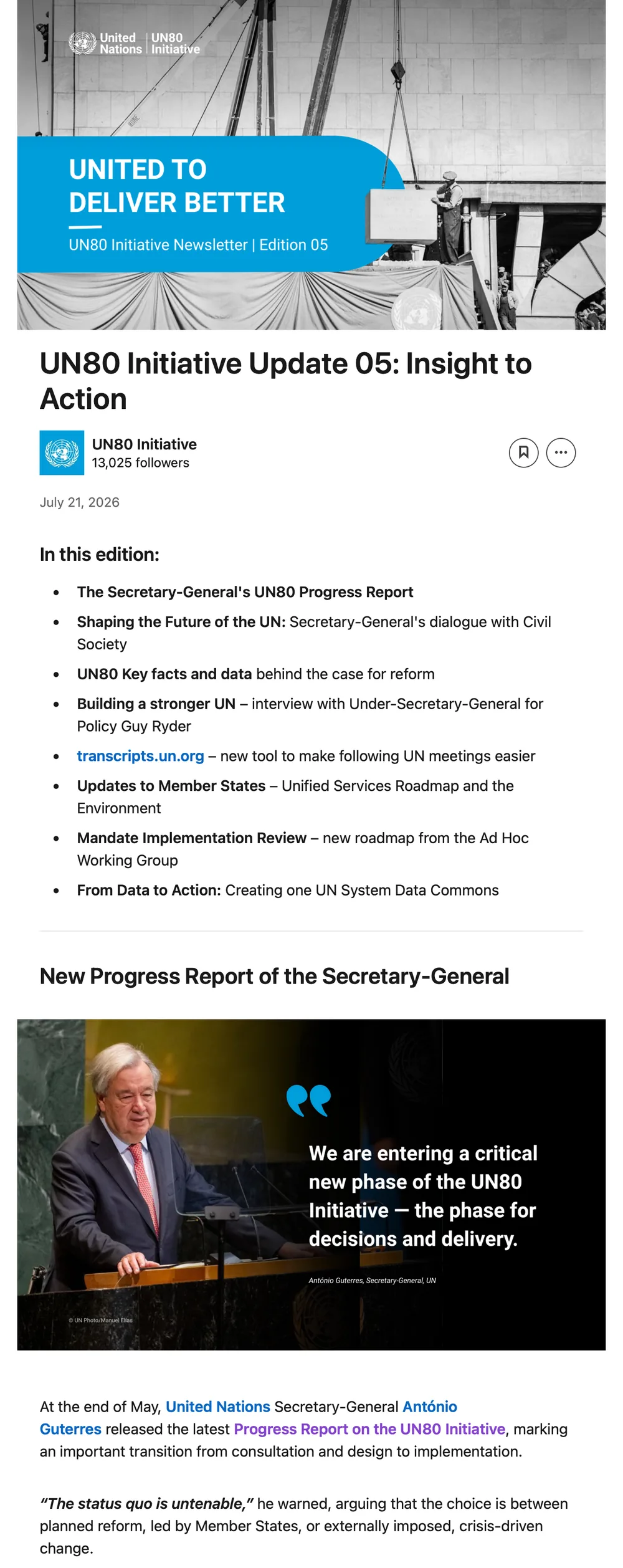 The UN80 Initiative newsletter, Edition 05: United to Deliver Better, with the contents of the issue and a quote from the Secretary-General