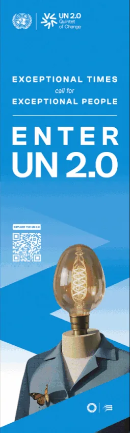 Enter UN 2.0 banner: Exceptional times call for exceptional people, in blue, with a figure whose head is a filament light bulb
