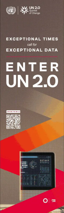 Enter UN 2.0 banner: Exceptional times call for exceptional data, in red and orange, with a data dashboard on screen